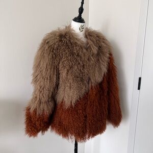 VENERA Mongolian Lamb Fur Jacket Tan Rust Colorblock Curly Coat NWOT M-L